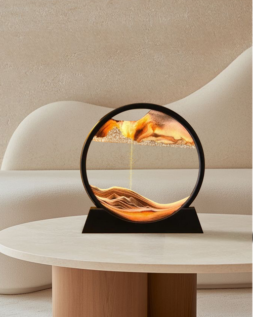12-inch orange sand art decor in round black frame – acrylic kinetic display for desk, shelf, or gifting
