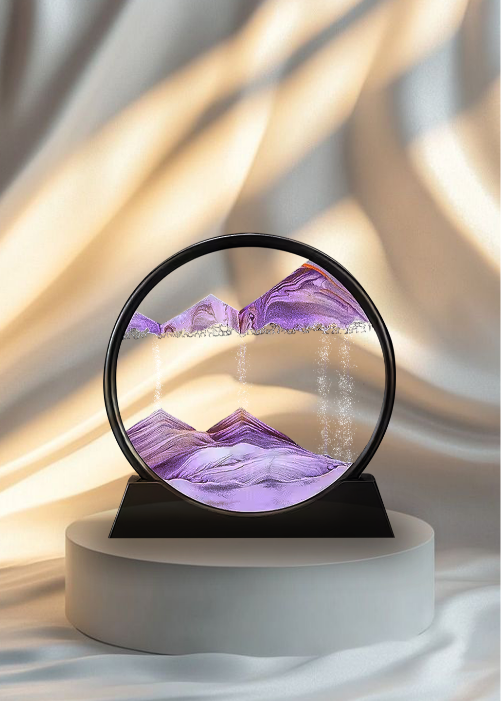7-inch purple sand art decor in round black frame – acrylic kinetic display for desk, shelf, or gifting
