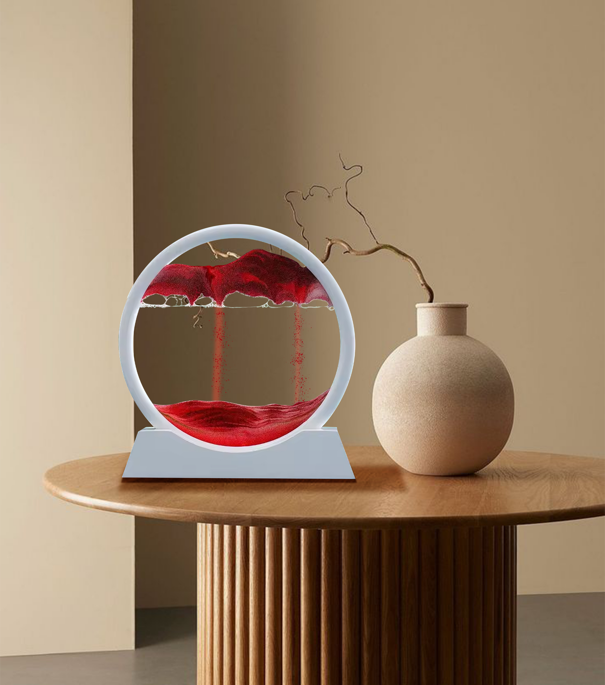 5-inch red sand art decor in round white frame – acrylic kinetic display for desk, shelf, or gifting
